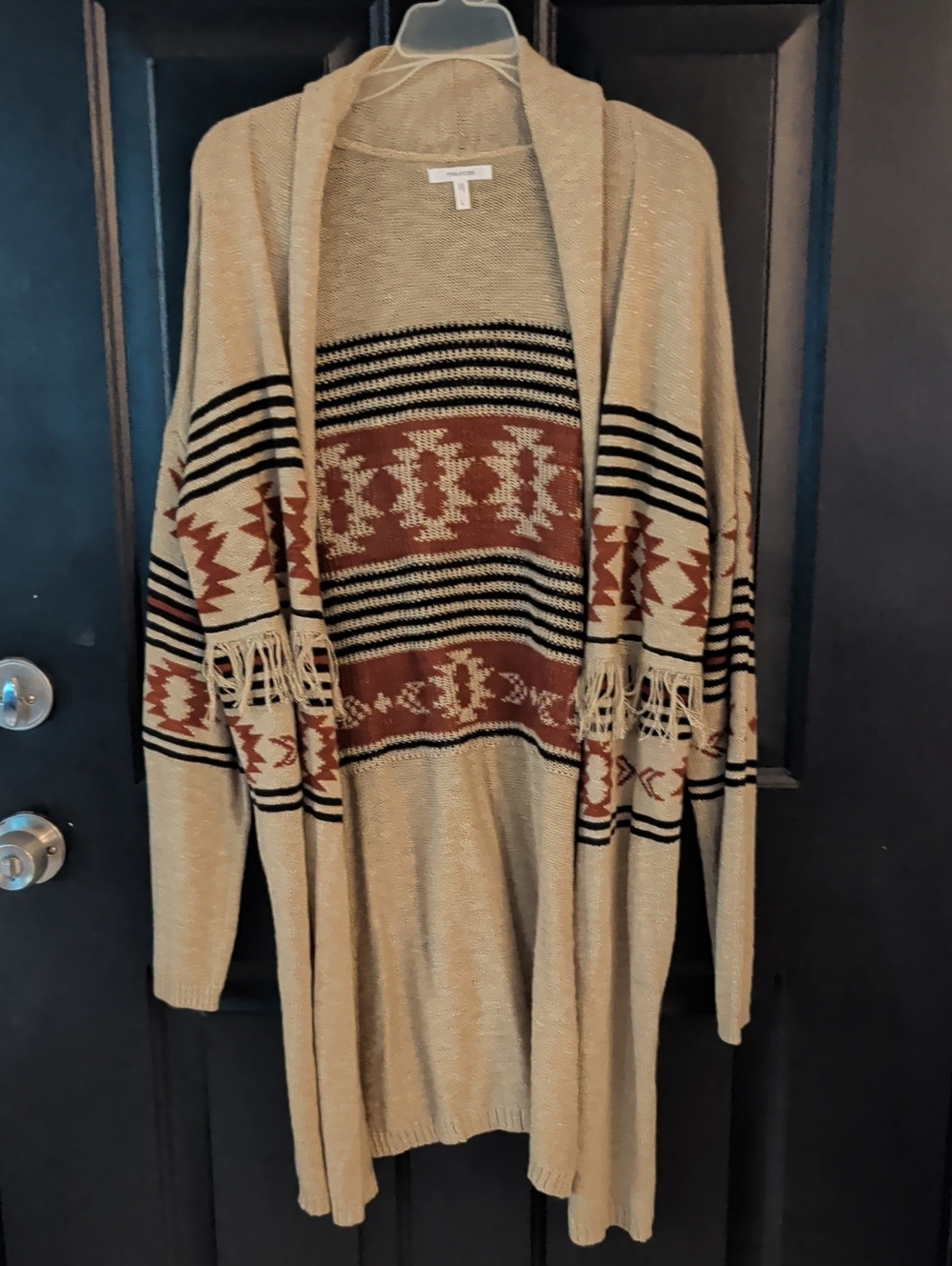 Maurices Beige Aztec Fringe Open-Front Cardigan with Rust and Black Accents